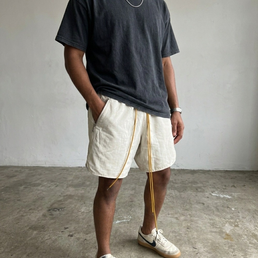 Rhude Mens Shorts Medium Cream Logo Graphic Zip Pocket Yellow Drawstring Street